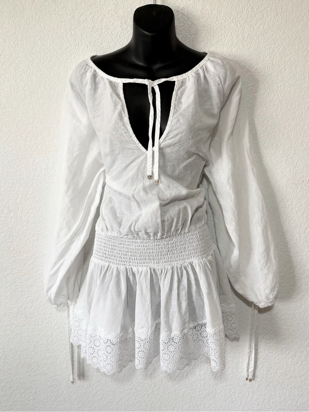 Victoria's Secret White Peasant Tunic with Smocked Waist and Eyelet Hem